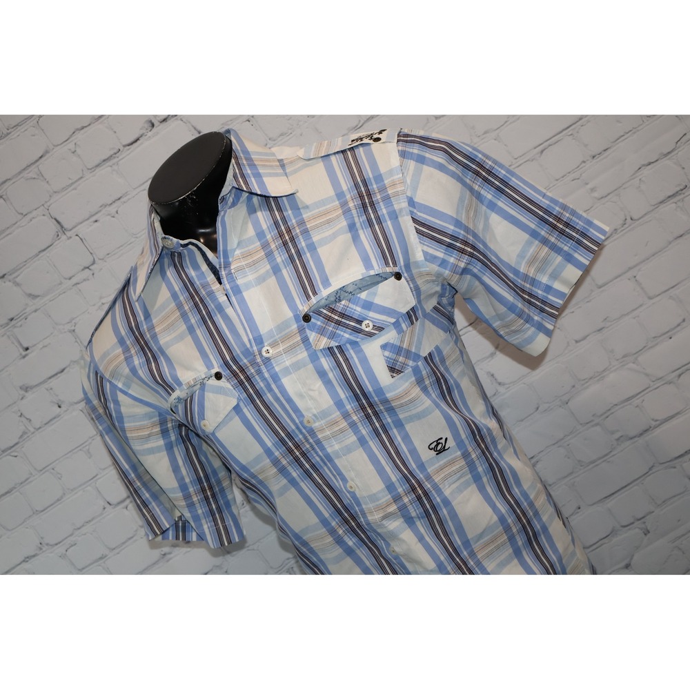 English Laundry Button Down Mens Large Blue Plaid Epaulettes Crest Cotton Blend